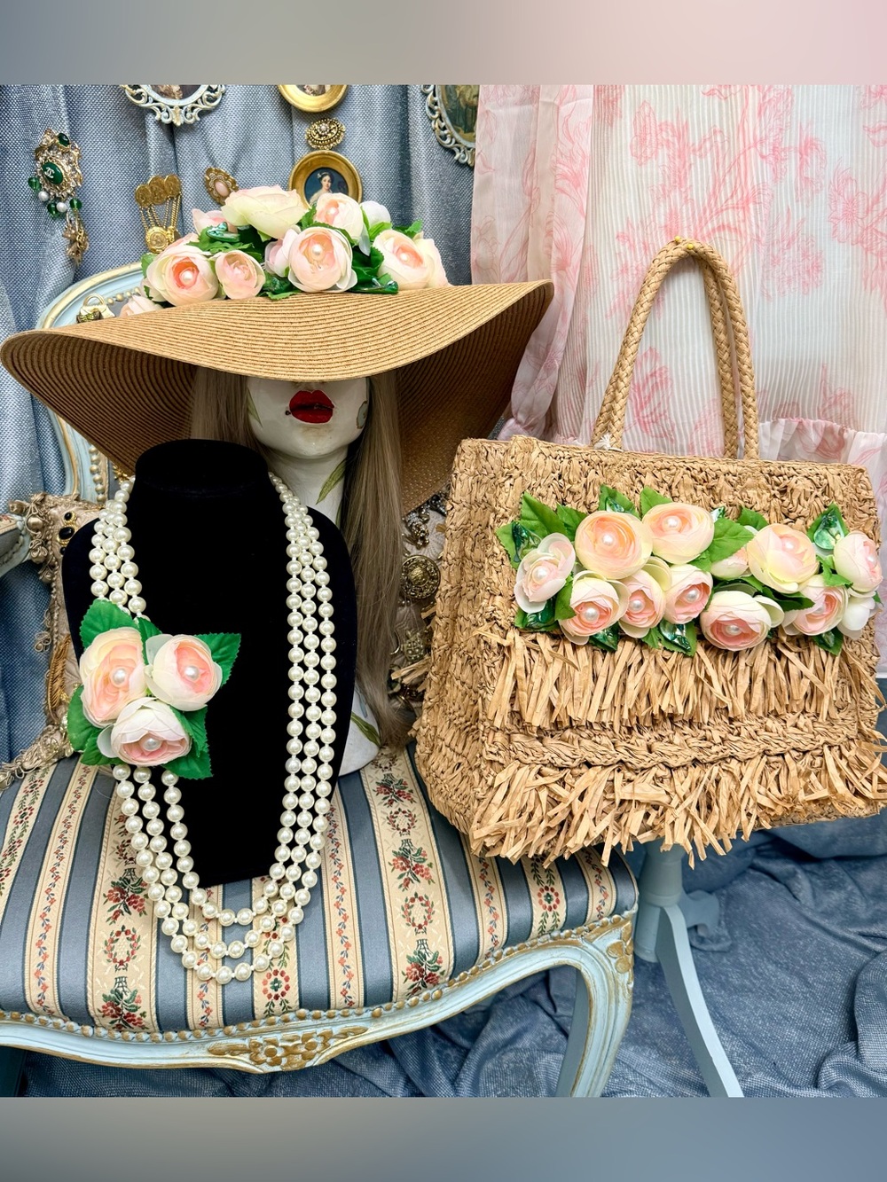 Summer in Provence Peony and Pearl Couture Trio Straw Bag, Hat And Necklace